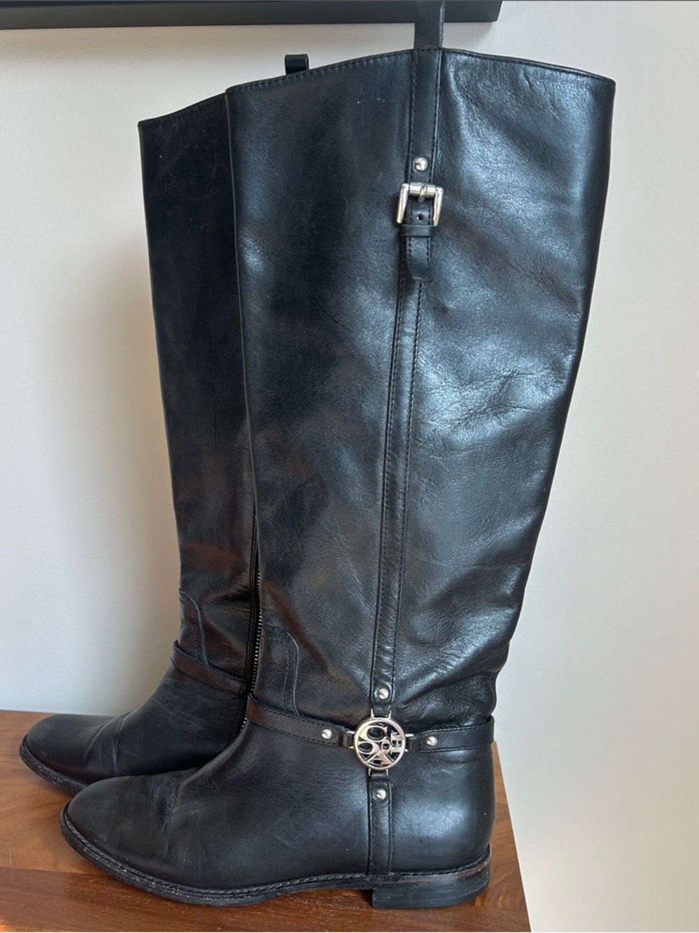 Coach Black Leather Knee-High Riding Boots with Silver Medallion Detail